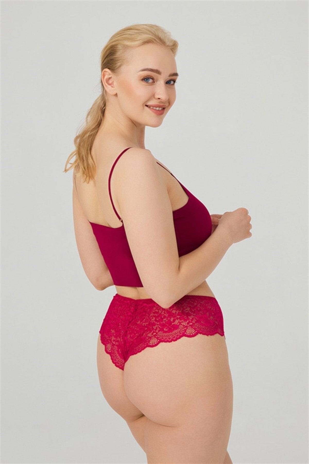 Burgundy Lace Tulle Detailed Plus Size Women's Brazilian Panties - Swordslife