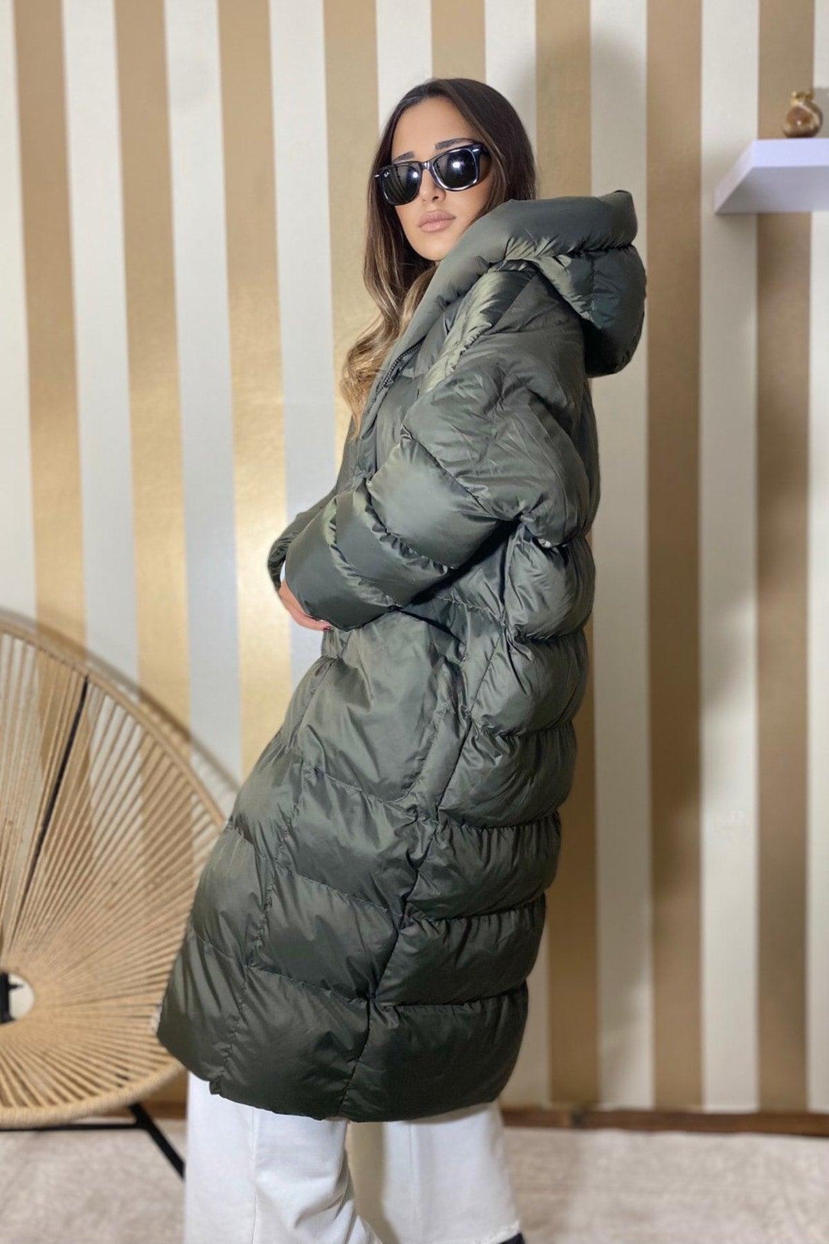 Women's Khaki Hooded Inflatable Long Oversize Coat - Swordslife