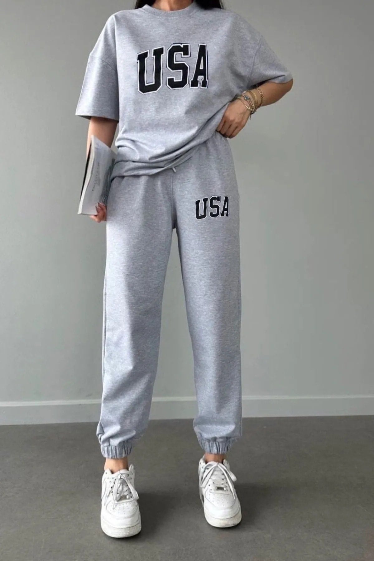 Usa T-Shirt Sweatpants Jogger- Gray Printed Bottom Top Tracksuit Suit Oversize Crew Neck