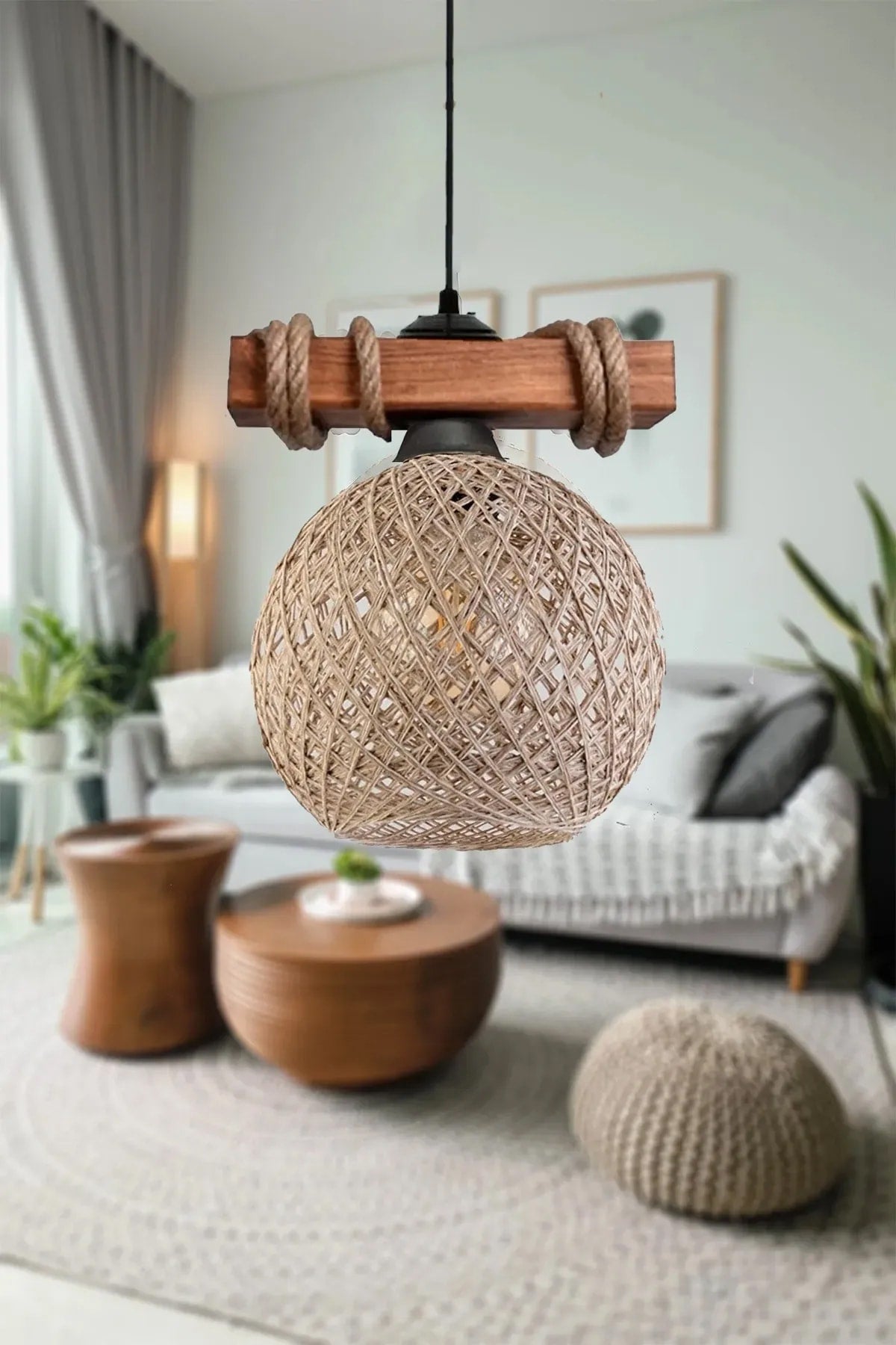 Set of 3 Rustic Balle Ball Beige Pendant Lamp Chandelier