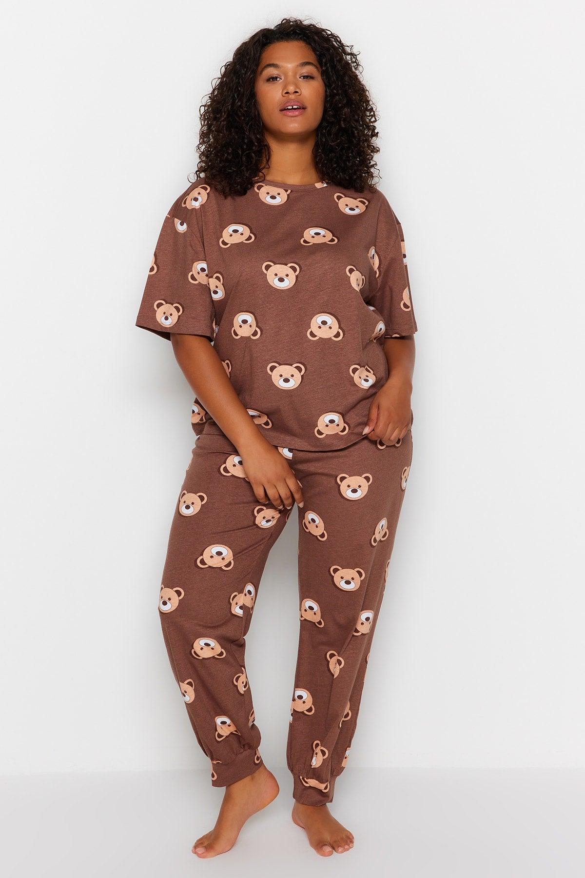 Brown Teddy Bear Pattern Knitted Pajamas Set TBBAW23AI00039 - Swordslife