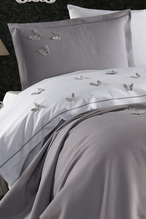 5 Pieces Elastic Bed Sheet 3D Butterfly Pattern Kids Room Cotton Single Gray Duvet Cover Set