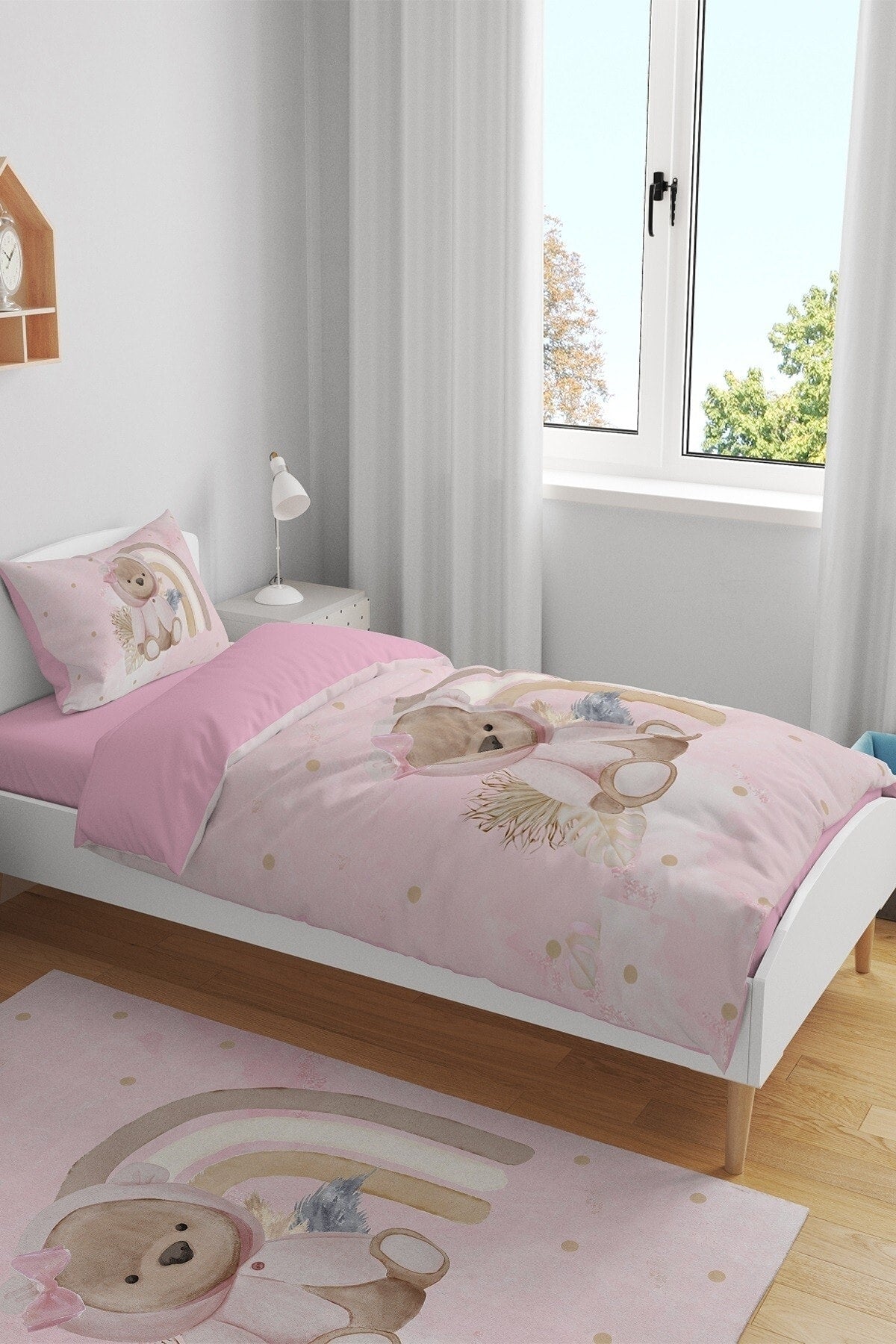 Pink Teddy Bear Patterned Single Baby Duvet Cover Set