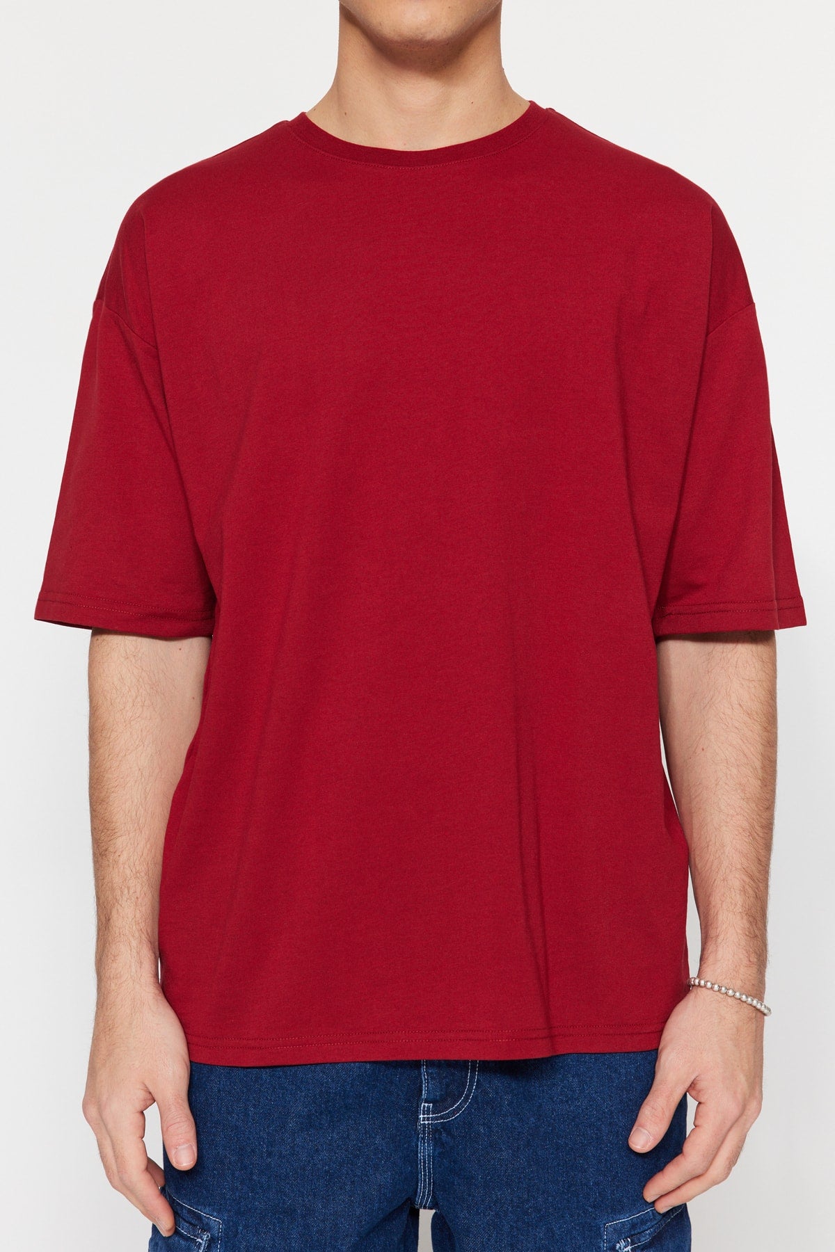 Claret Red Men's Basic Crew Neck Oversize Short Sleeve T-Shirt TMNSS22TS0317