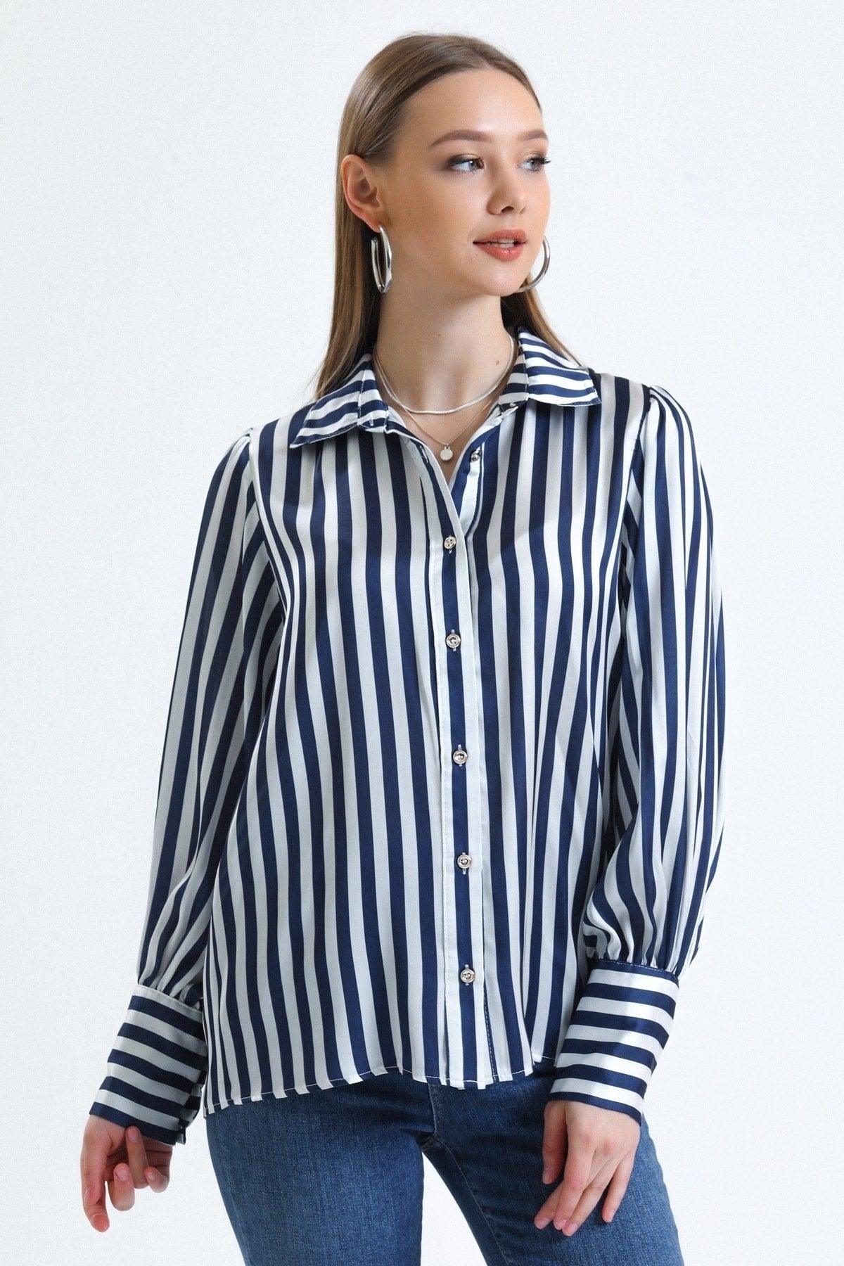 Women's Blue Balloon Sleeve Ruffle Detailed Oversize Striped Satin Shirt - Swordslife