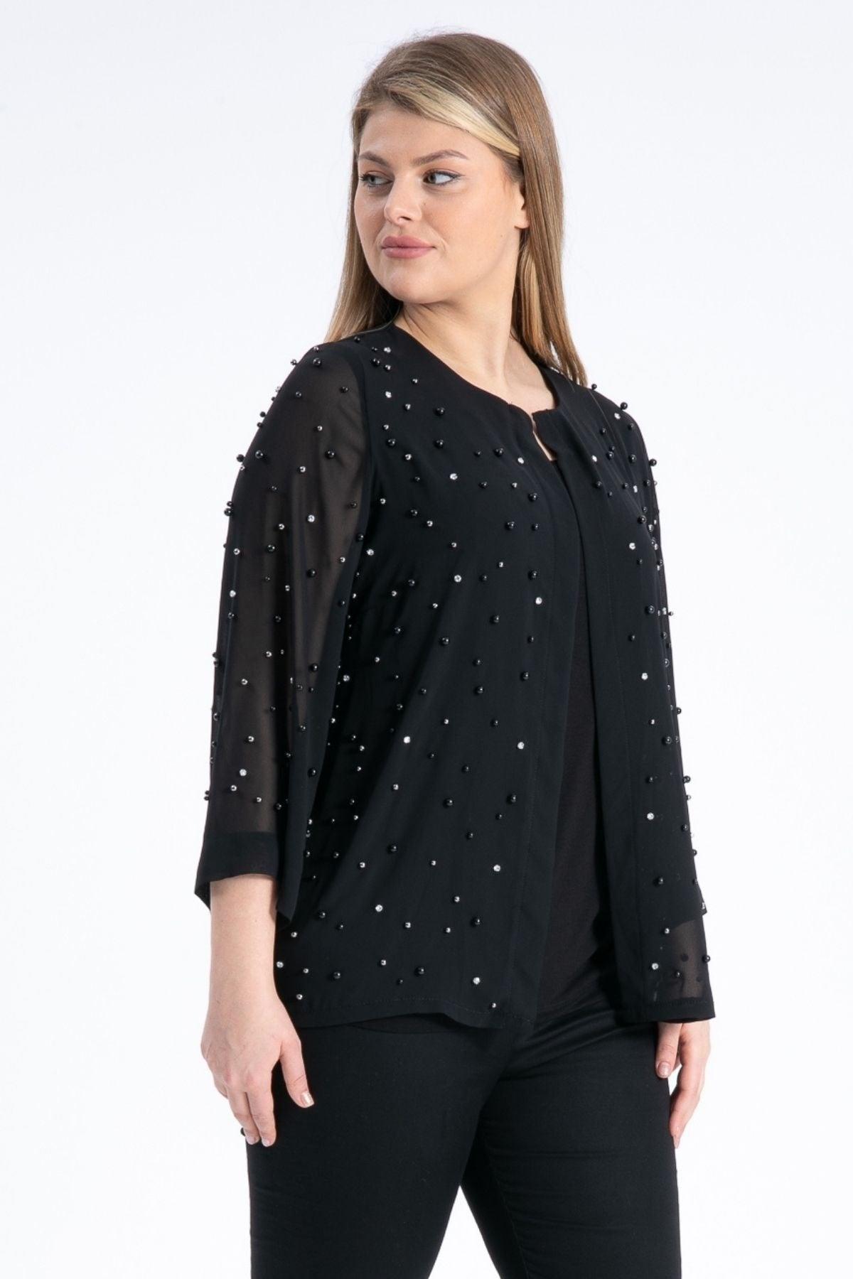 Plus Size Ribbed Short Black Jacket With Pearls - Swordslife