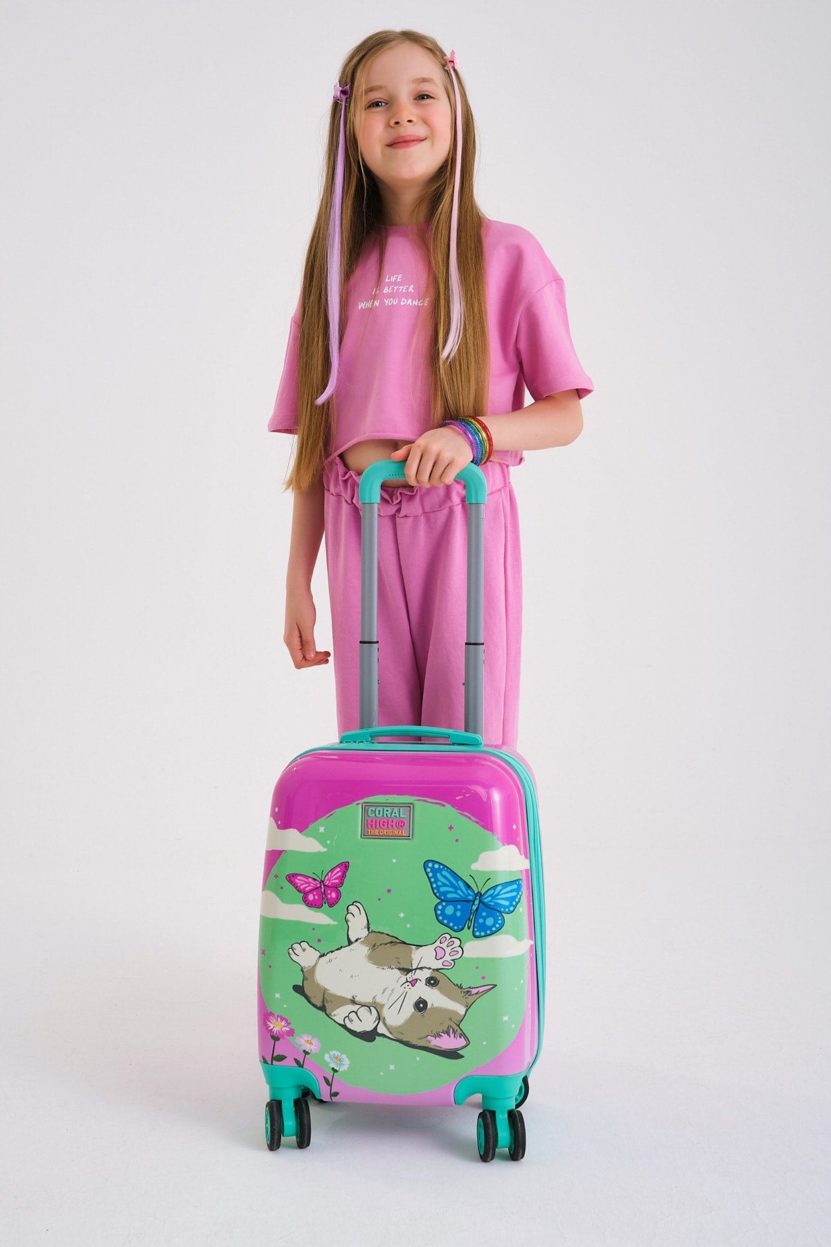 Water Green Pink Cat Patterned Child Suitcase 16709