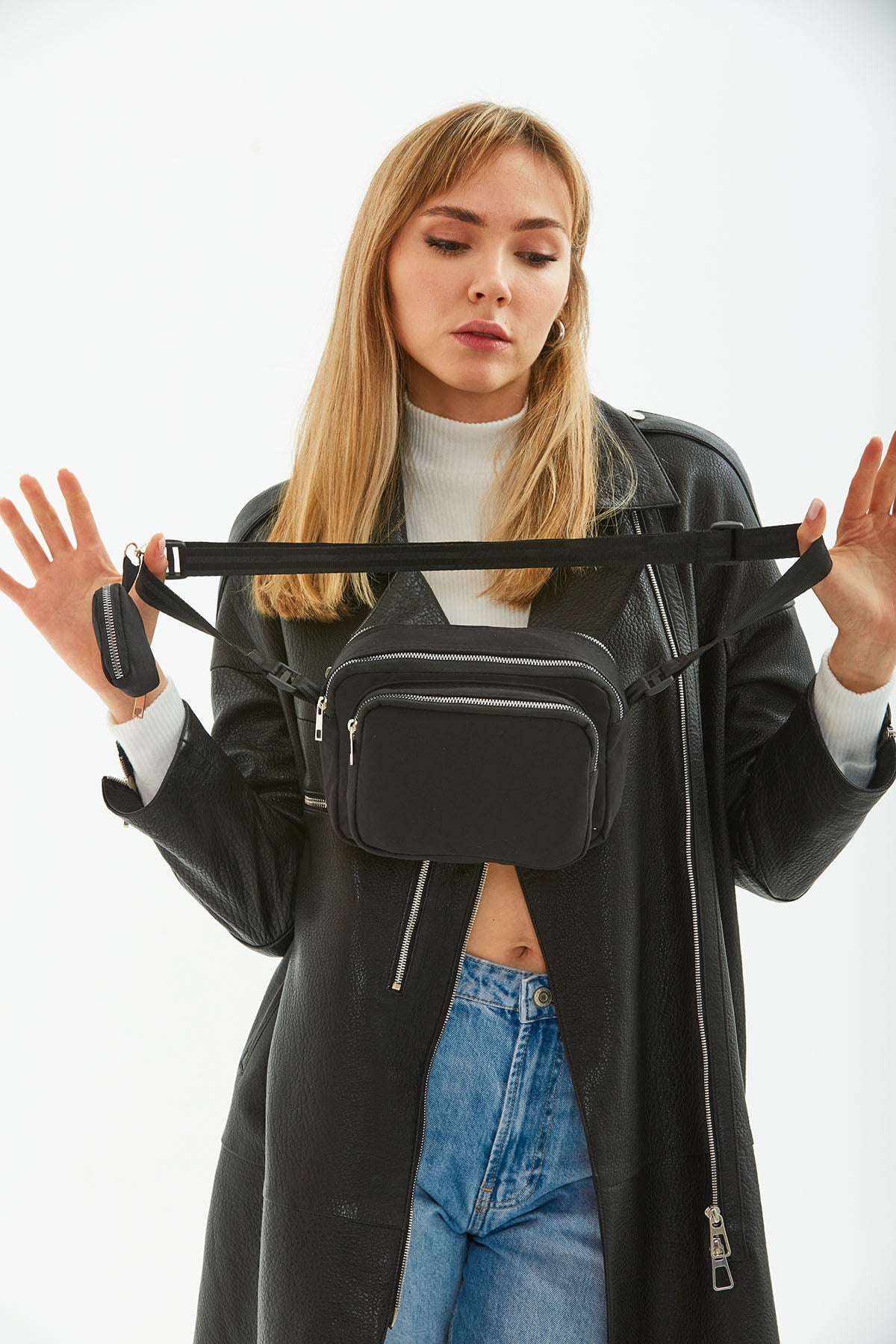 Black U4 Canvas Women'S Cross Shoulder Bag With 3 Compartments And Wallet With Adjustable Strap B:17 E:22 G:12