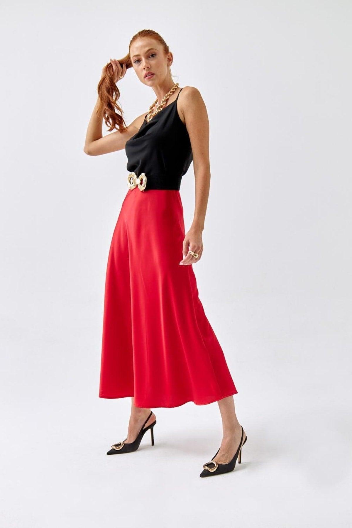 Elastic Waist Satin Red Skirt - Swordslife