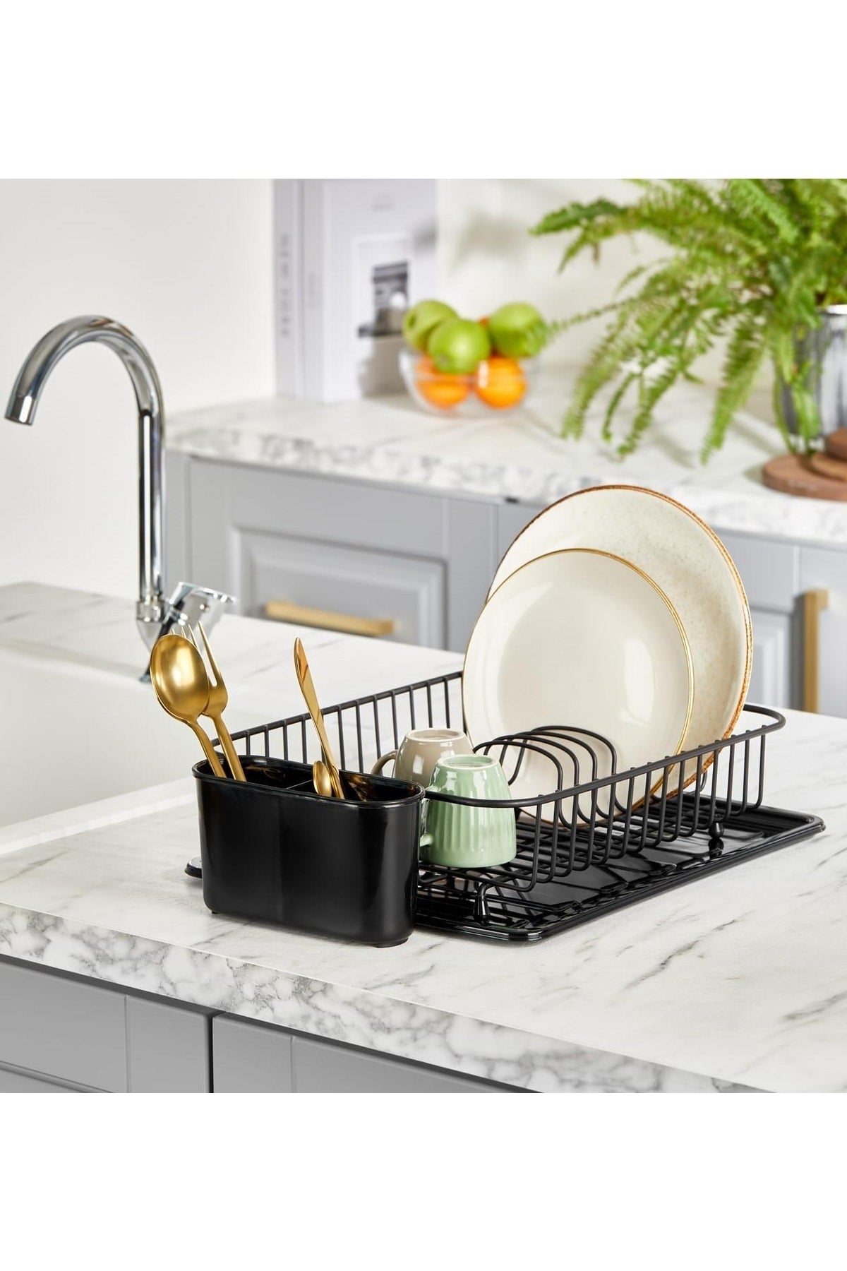 088 Matte Black Modern Oval Dish Rack With Plate And Tray
