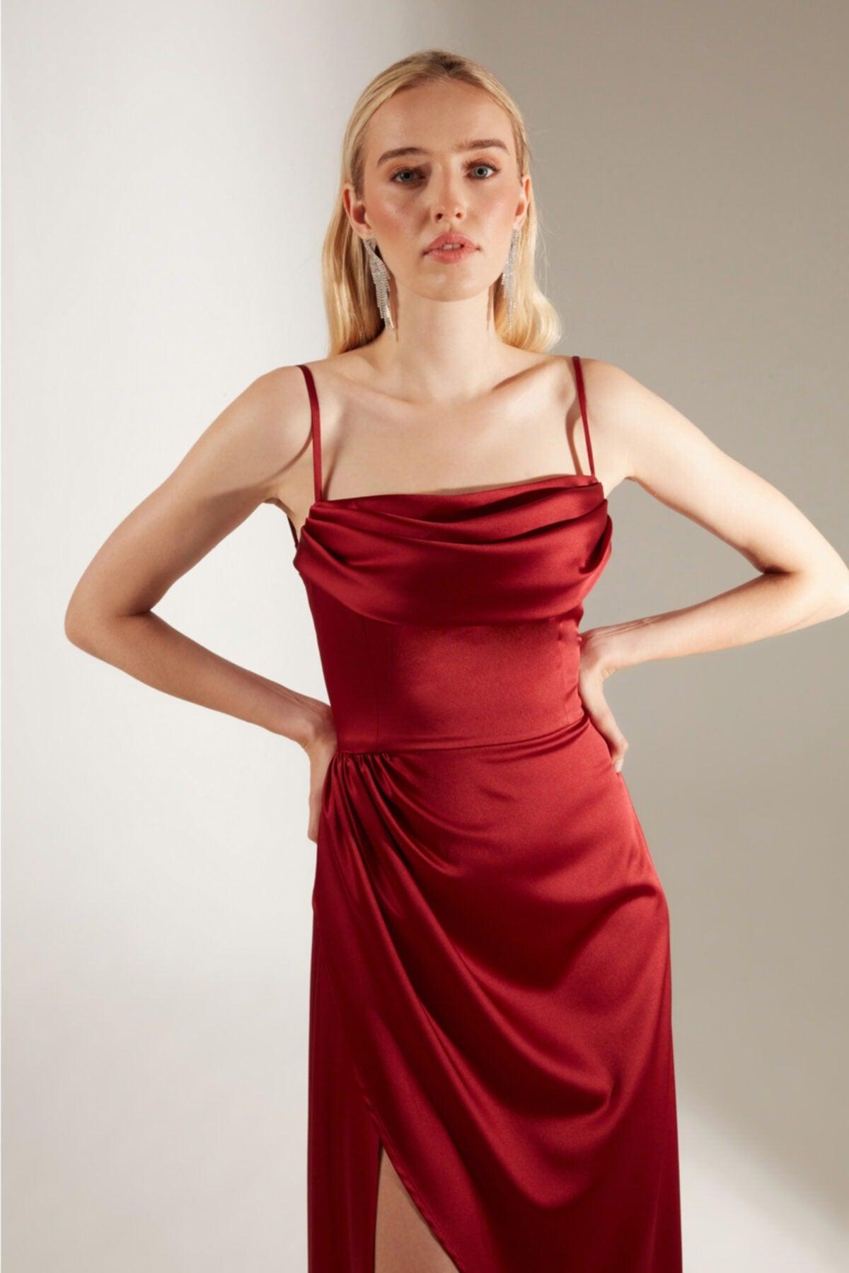 Dark Red Satin Draped Strap Dress - Swordslife