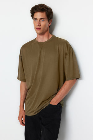 Khaki Men'S Basic Crew Neck Oversize Short Sleeve T-Shirt Tmnss22Ts0300