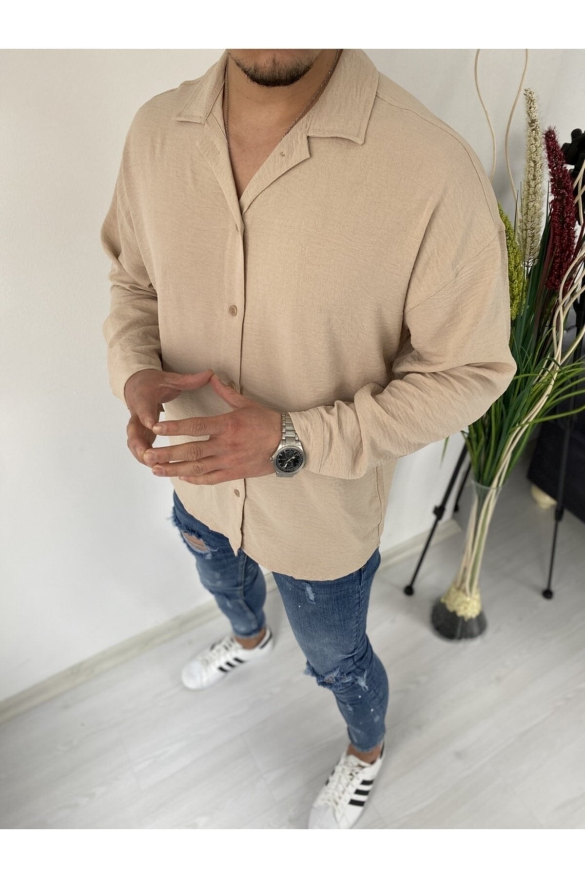 Men'S Beige Linen Aerobin Loose Fit Oversized Loose Shirt