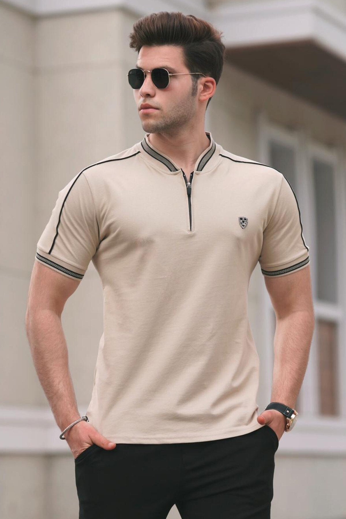 Men's Beige Polo Neck T-Shirt 9281