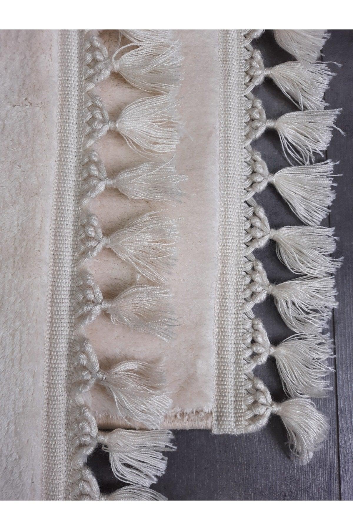 Elite Cream Pompom Fringed Plush 2-Set Bath Mat Carpet Non-Slip Floor Closet Set Tasseled - Swordslife