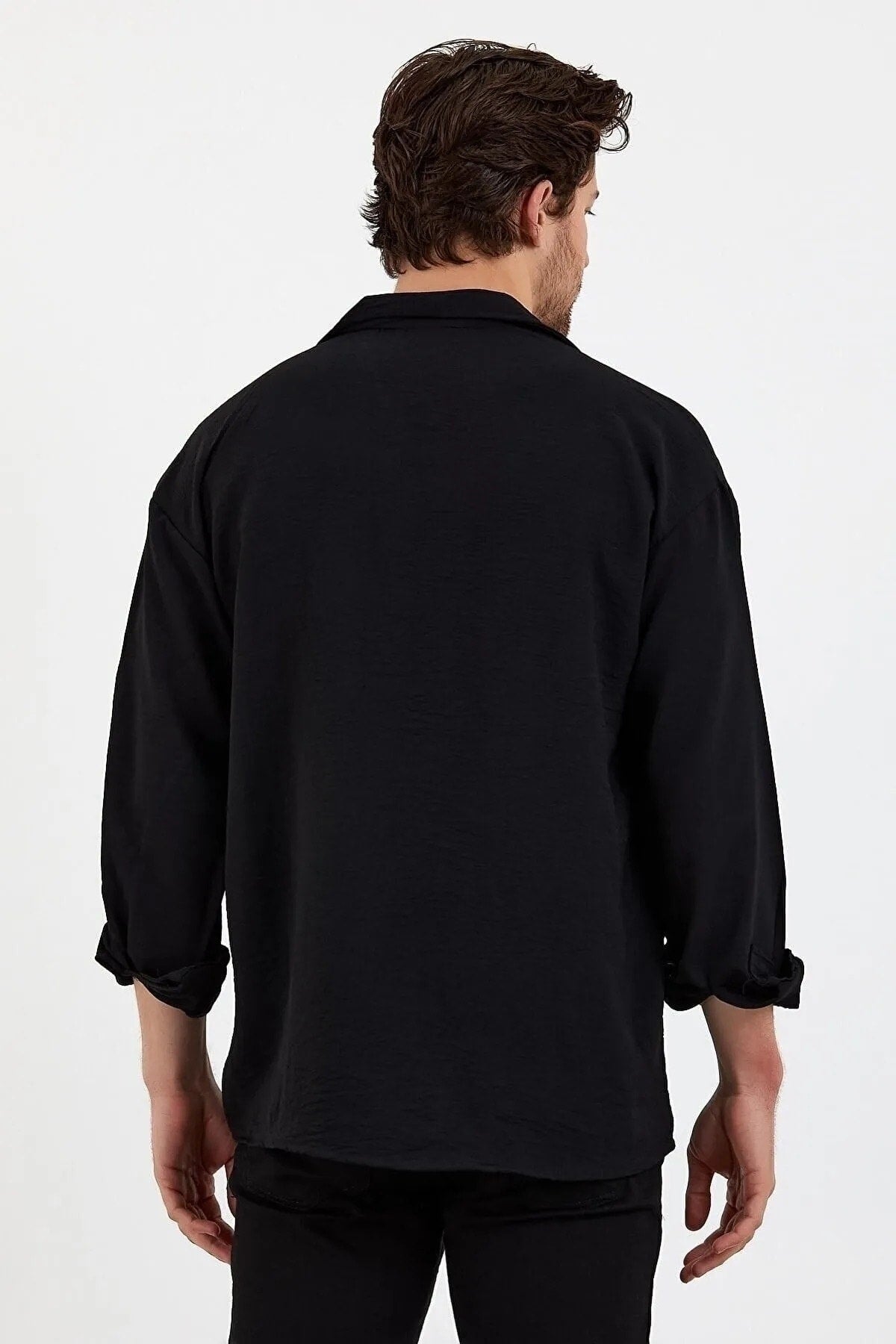 Men's Black Linen Single Pocket Oversized Loose Shirt