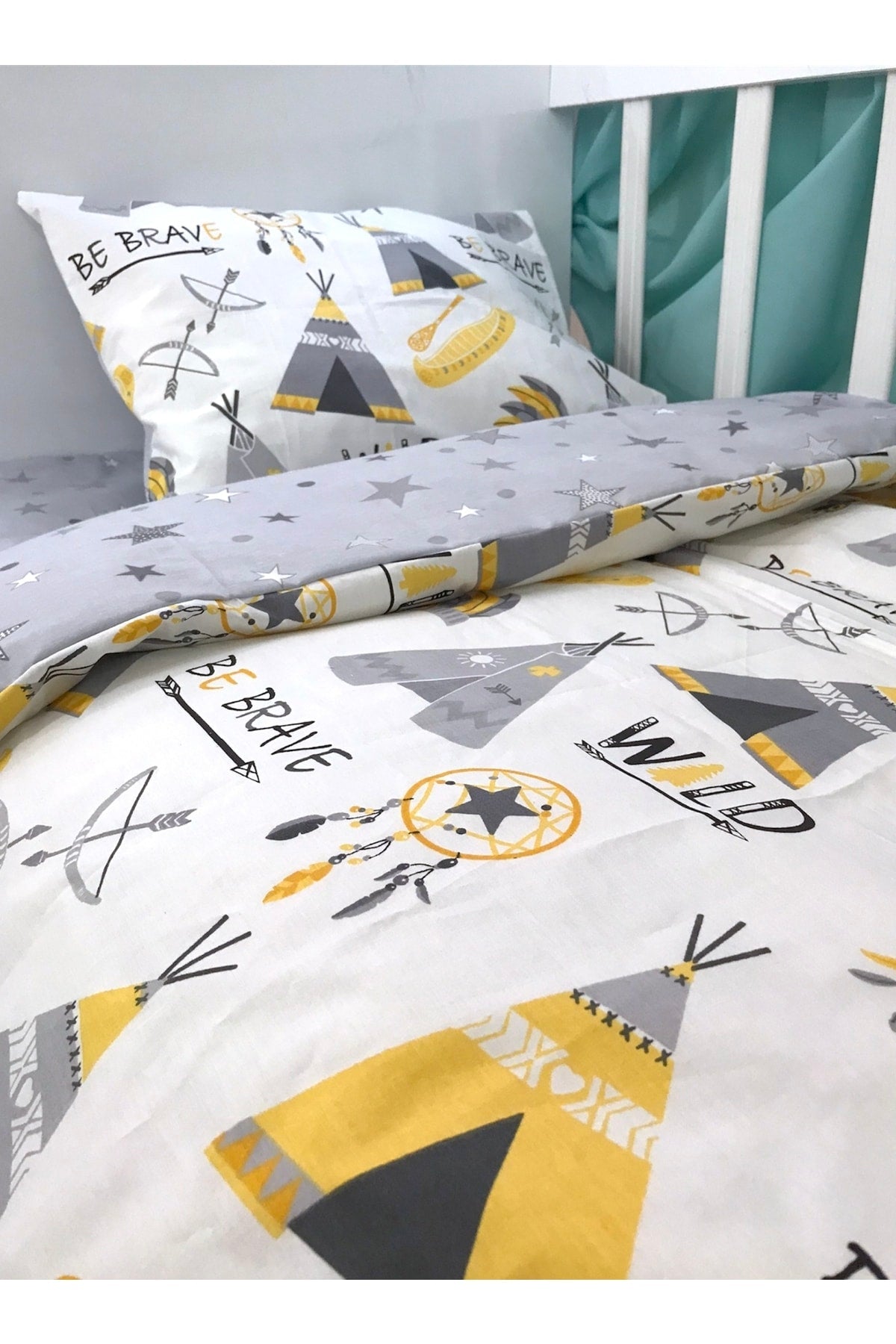 Kids Duvet Cover Set 90x190 For Bed Yellow Camping Tent Gray (without comforter)