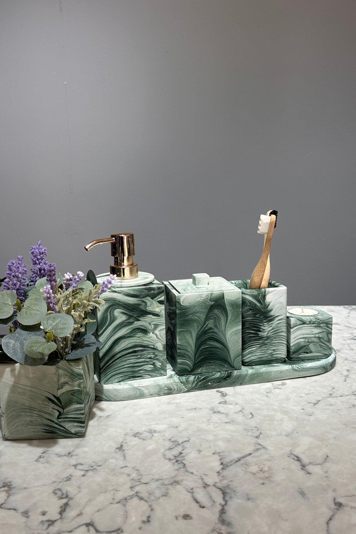 Marble Series Green Marble Look Artificial Flower Bathroom Set - Swordslife