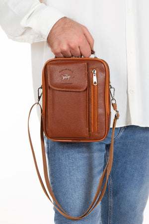 Adelina Tan Leather Steel Case Hand And Shoulder Bag With Phone Compartment And Card Holder Wallet With Mechanism