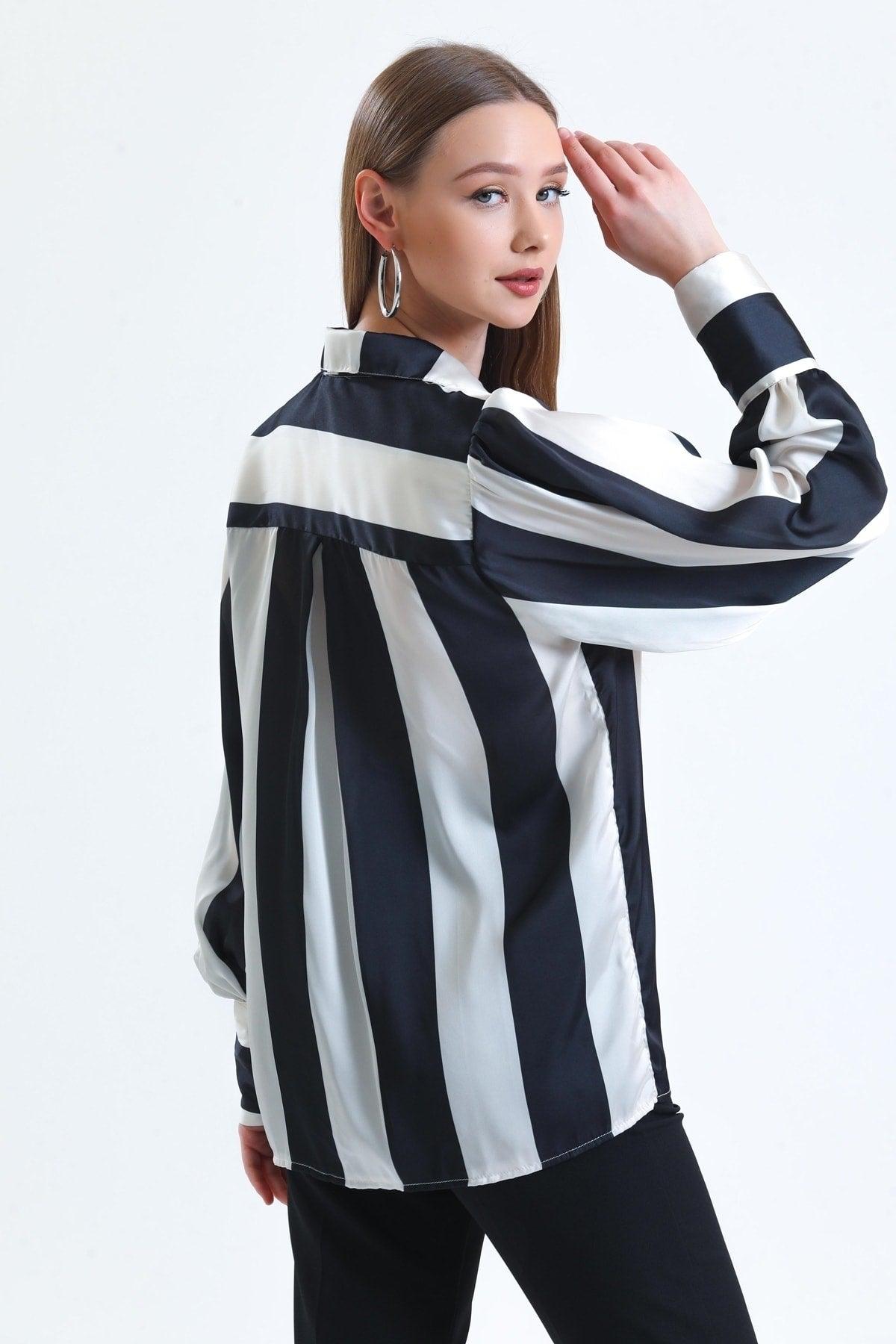 Women's White Balloon Sleeve Ruffle Detailed Oversize Striped Satin Shirt - Swordslife