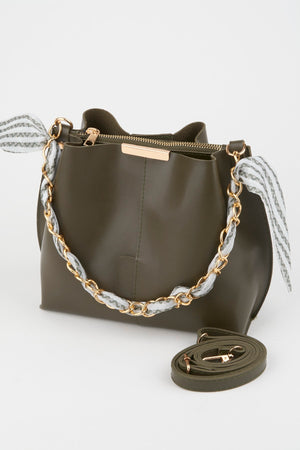 Women'S Khaki Scarf Chain Accessory Soft Leather 3-Compartment Hand, Arm And Shoulder Bag