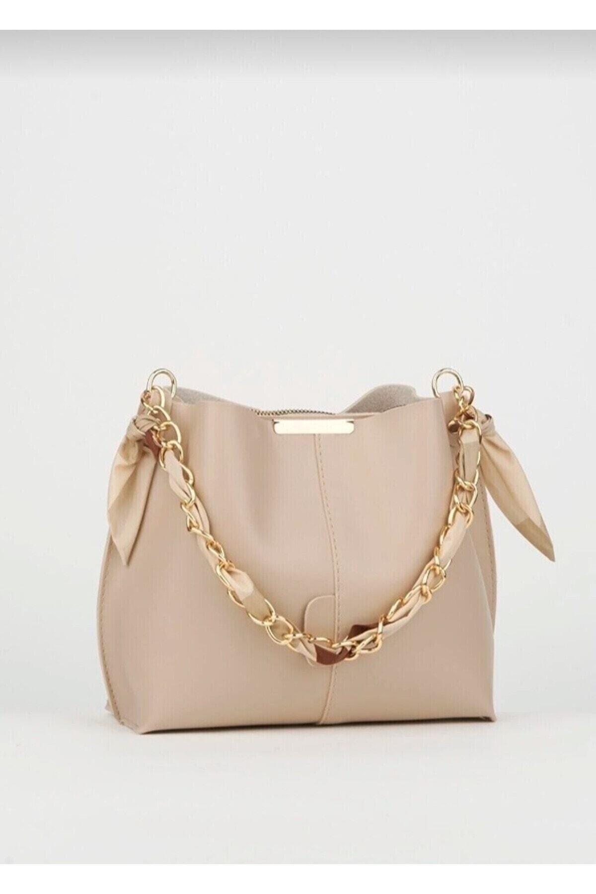 Women'S Mink Scarf Chain Accessory Soft Leather 3-Compartment Hand, Arm And Shoulder Bag