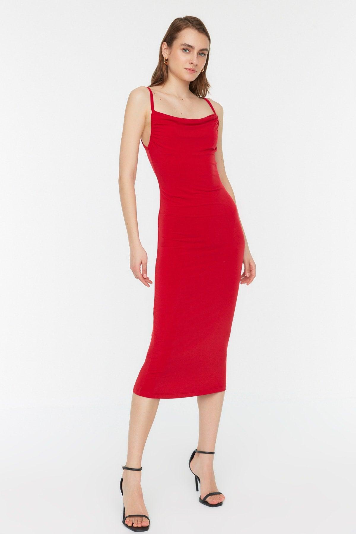 Red Fitted Collar Midi Strap Stretchy Knitted Midi Dress TWOSS19AD0020 - Swordslife