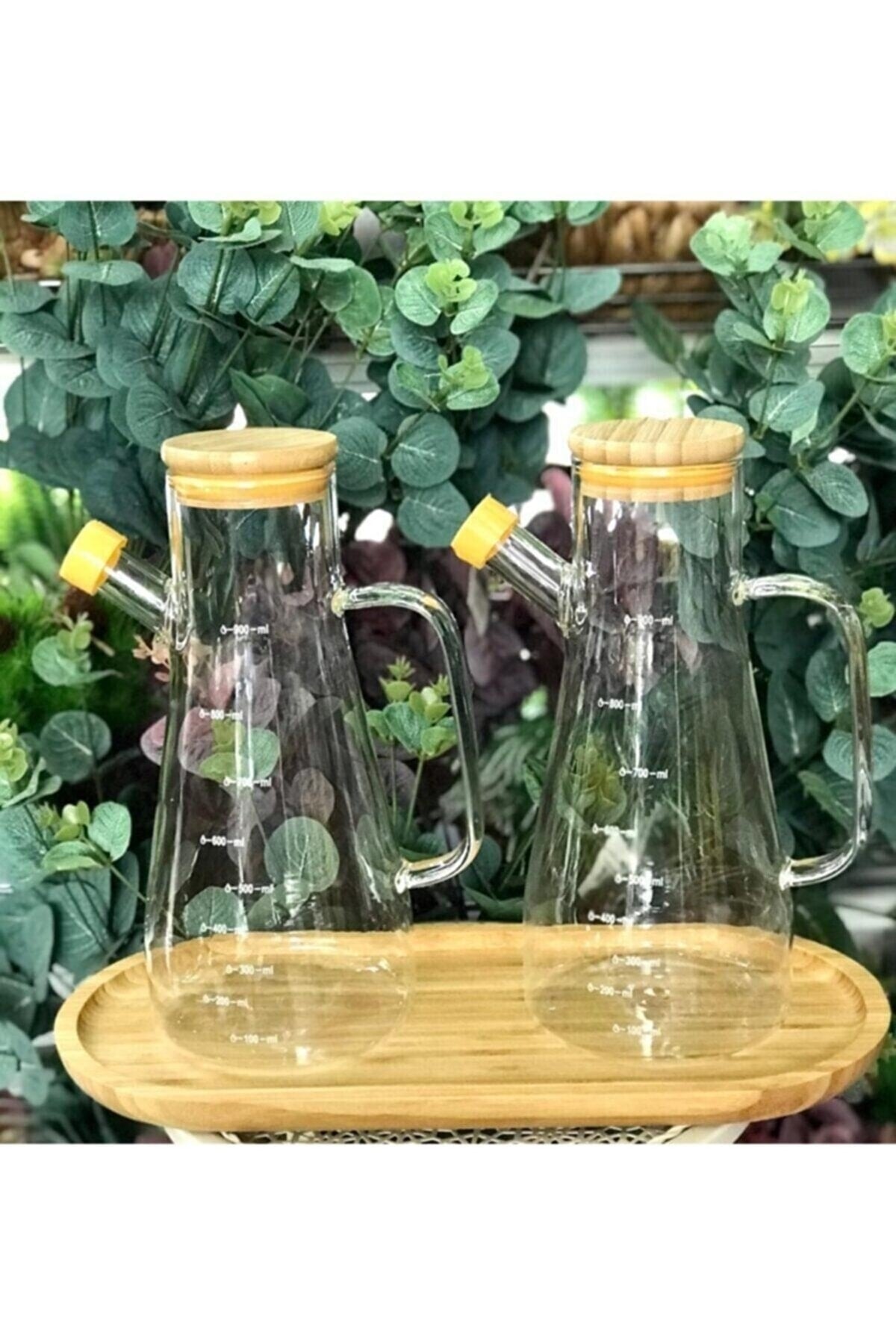 Vacuum Borosilicate Set Of 3 With Bamboo Lid Glass Oil Vinegar Bamboo Base