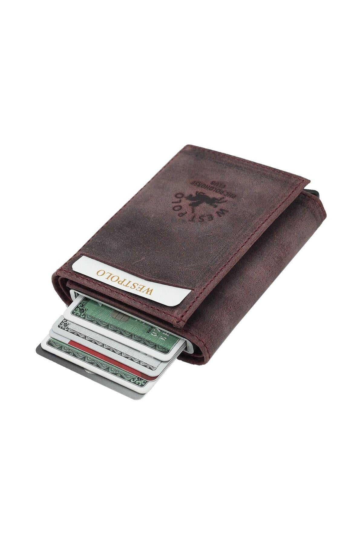 Men'S Dark Claret Red Genuine Leather Mechanism Wallet Card Holder