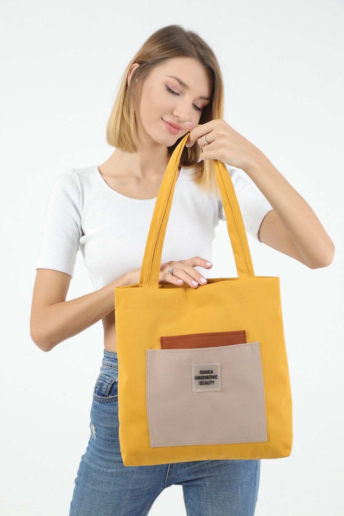 Mustard/tile/mink U22 3-Compartment Front 2 Pockets Detailed Canvas Fabric Daily Women's Arm And Shoulder Bag B: