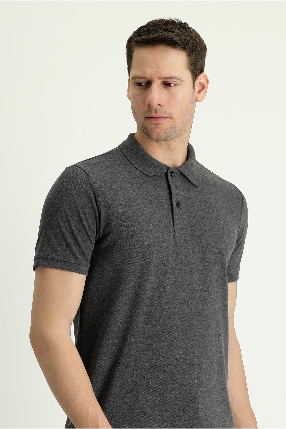 Men's Dark Anthracite Polo Neck Slim Fit Embroidered T-Shirt