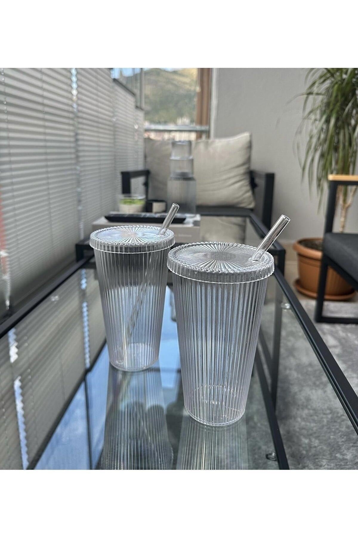 Mi̇Ka 2 Pieces 600 Ml Mica Lid Origami Style Mica Cup With Straw | Presentation Glass Soft Drink Glass