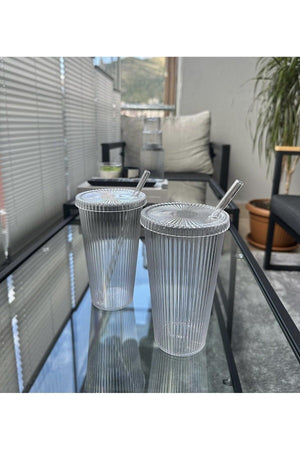 Mi̇Ka 2 Pieces 600 Ml Mica Lid Origami Style Mica Cup With Straw | Presentation Glass Soft Drink Glass