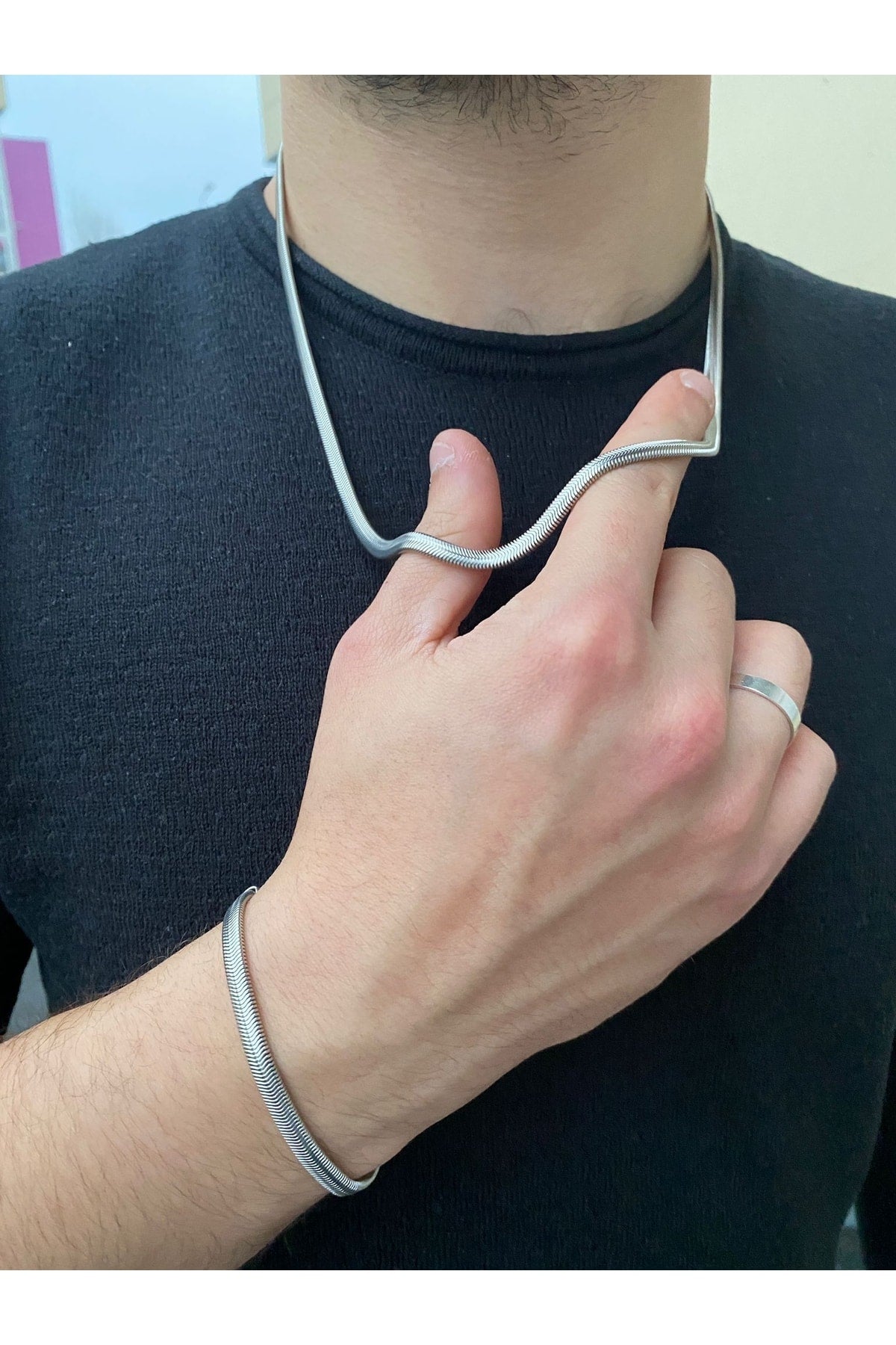 Men'S Straw Model Necklace Bracelet Set Silver Gray Color Steel