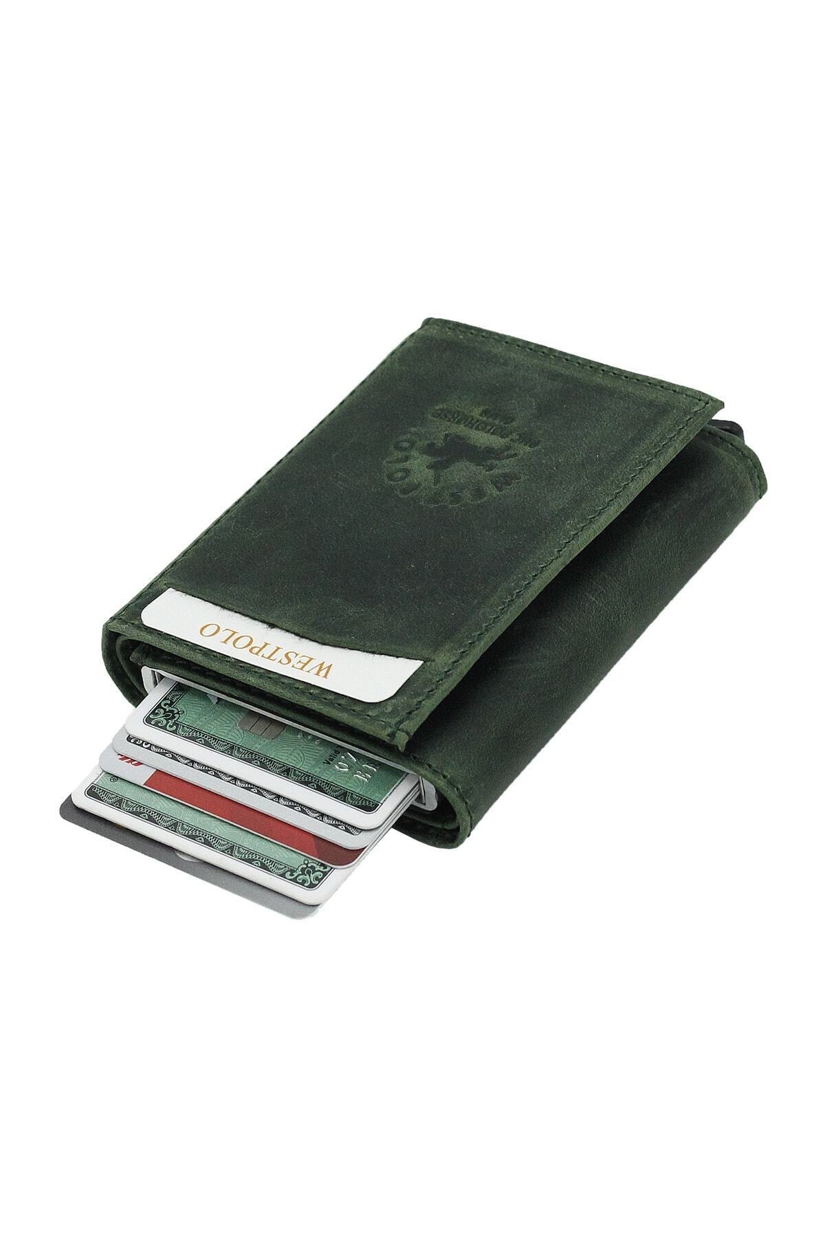 Men'S Green Genuine Leather Mechanism Wallet