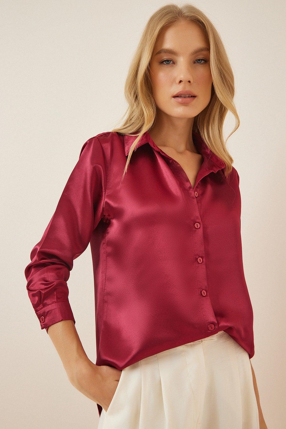 Women's Claret Red Lightly Flowy Satin Shirt DD00990 - Swordslife