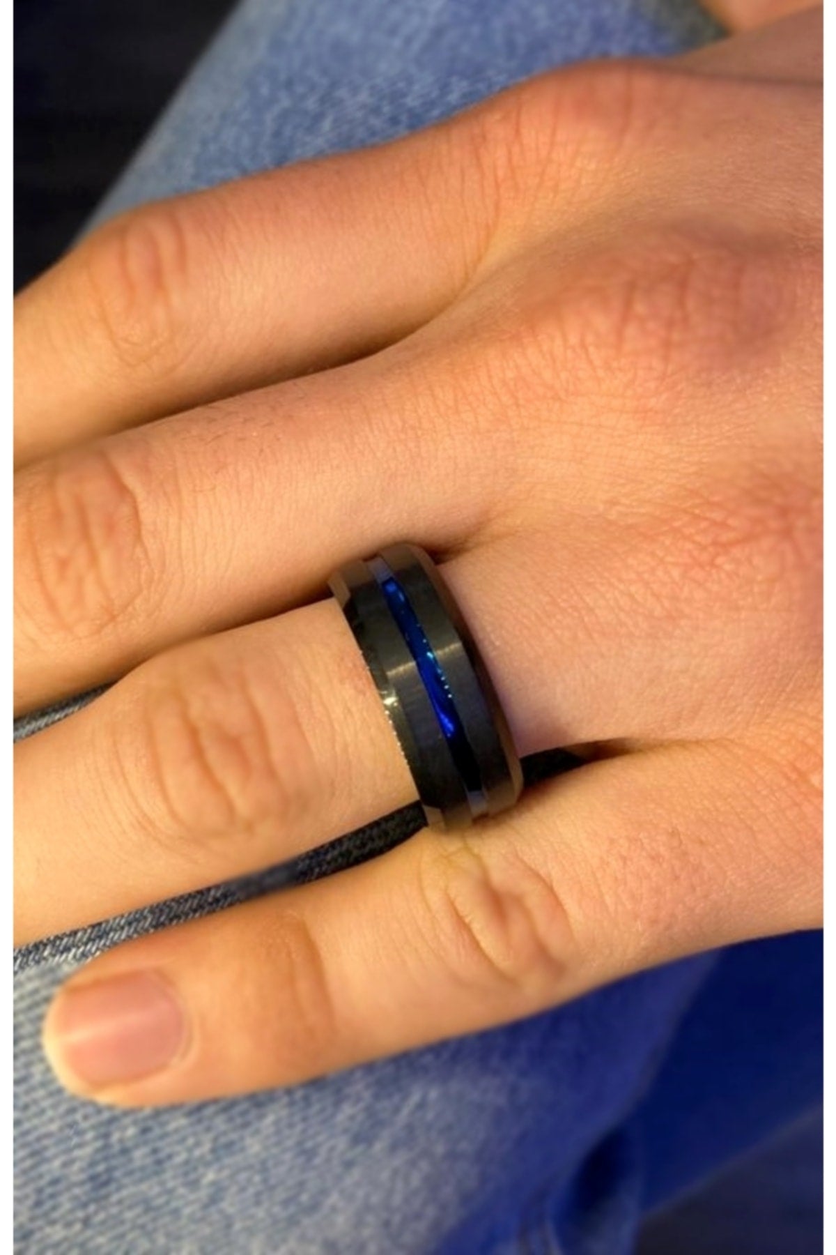 Men's Tungsten Blue Color Detail Ring