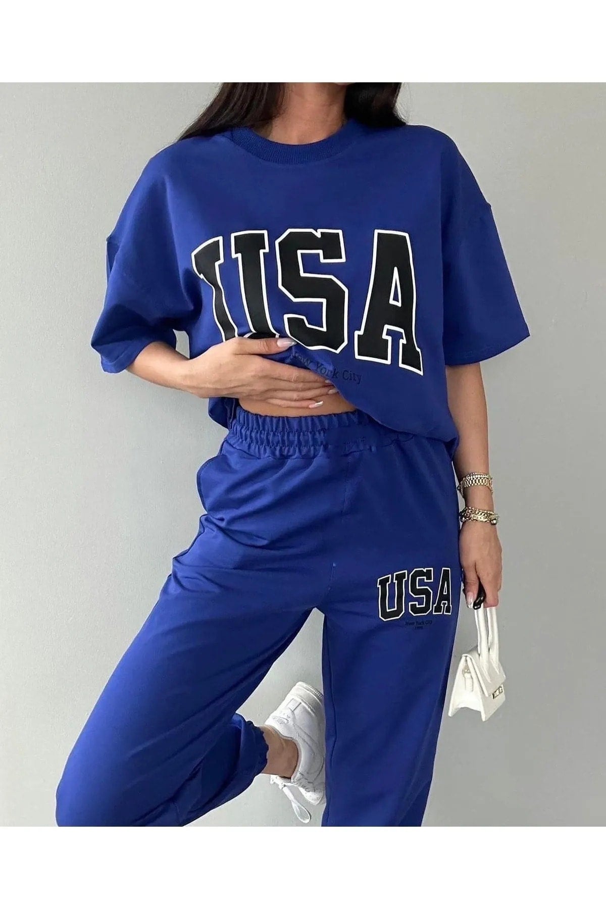 Usa T-Shirt Sweatpants Jogger- Blue Printed Bottom Top Tracksuit Suit Oversize Crew Neck