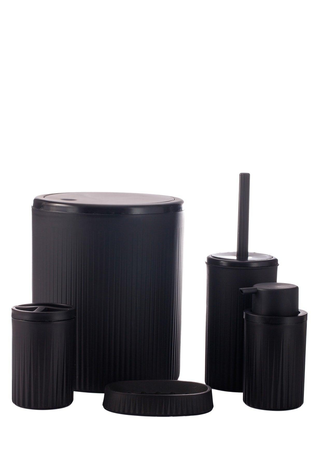 Black Striped Round 5 Pcs Bathroom Set 5 Pieces Dustbin Wc Brush Liquid Solid Soap Dispenser Brush Holder Set - Swordslife