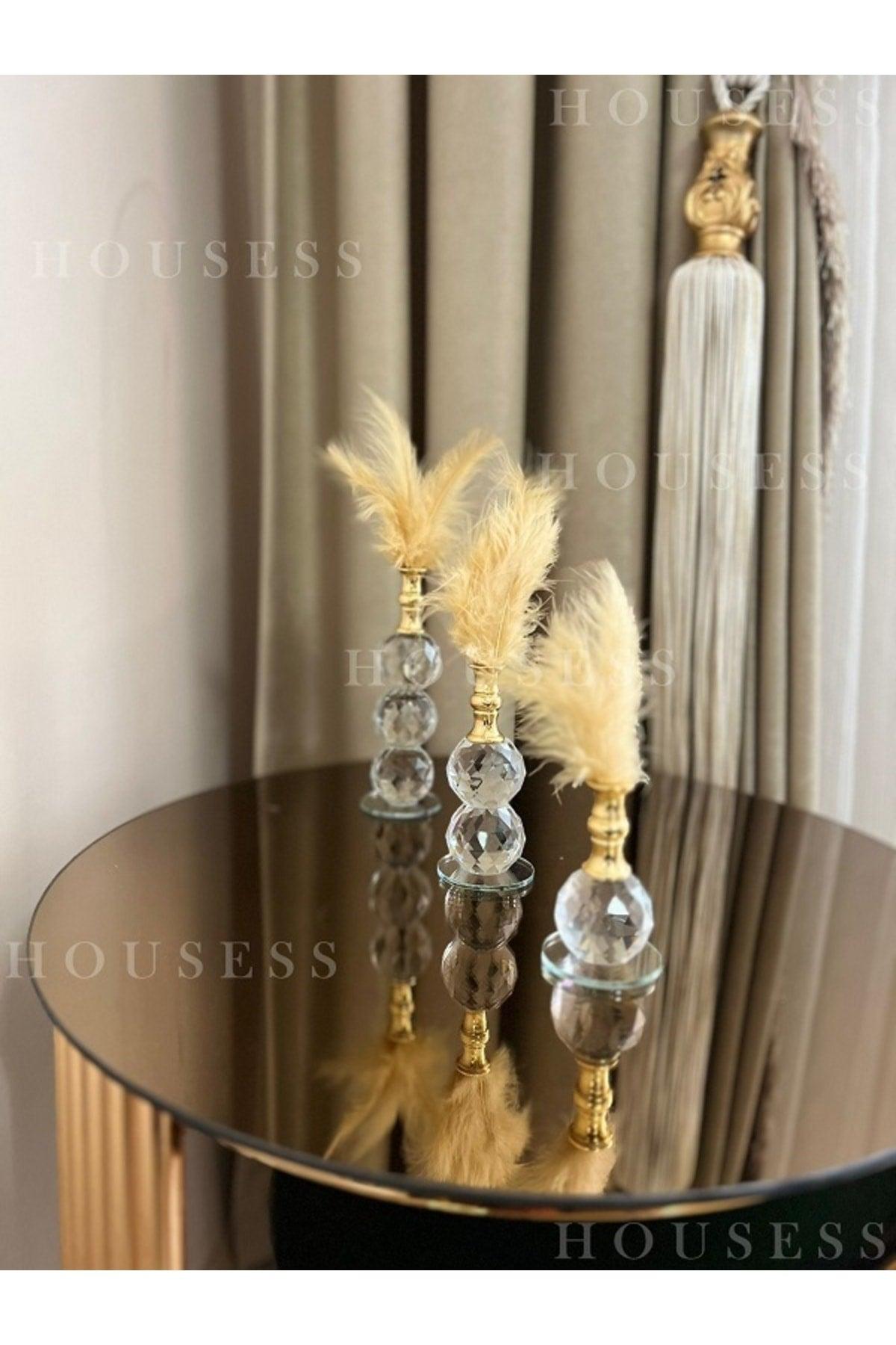 Set of 3 Gold Feathered Gold Crystal Ball Feather Decor Trinket Ornament - Swordslife