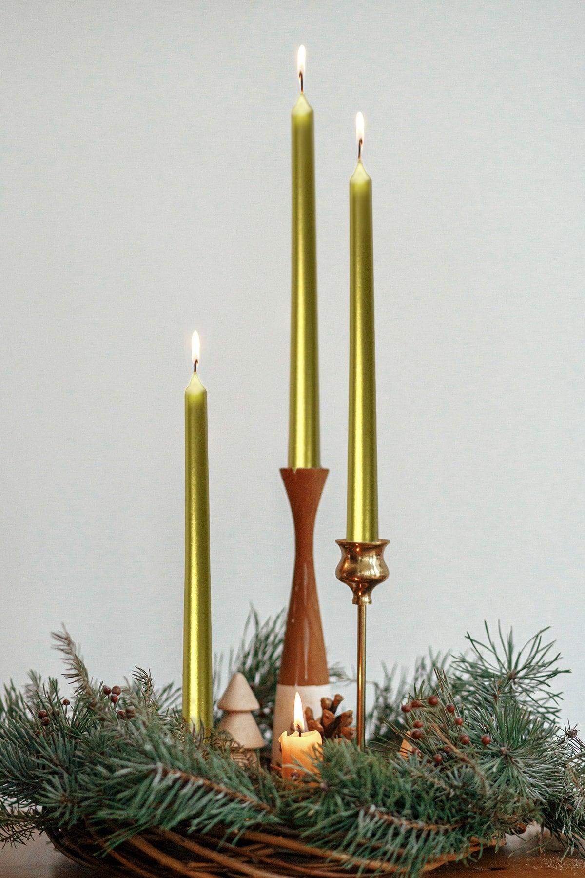 Gold Gold Candlestick 3 Pcs Shiny Metallic Long Body Tapered Candle - Swordslife