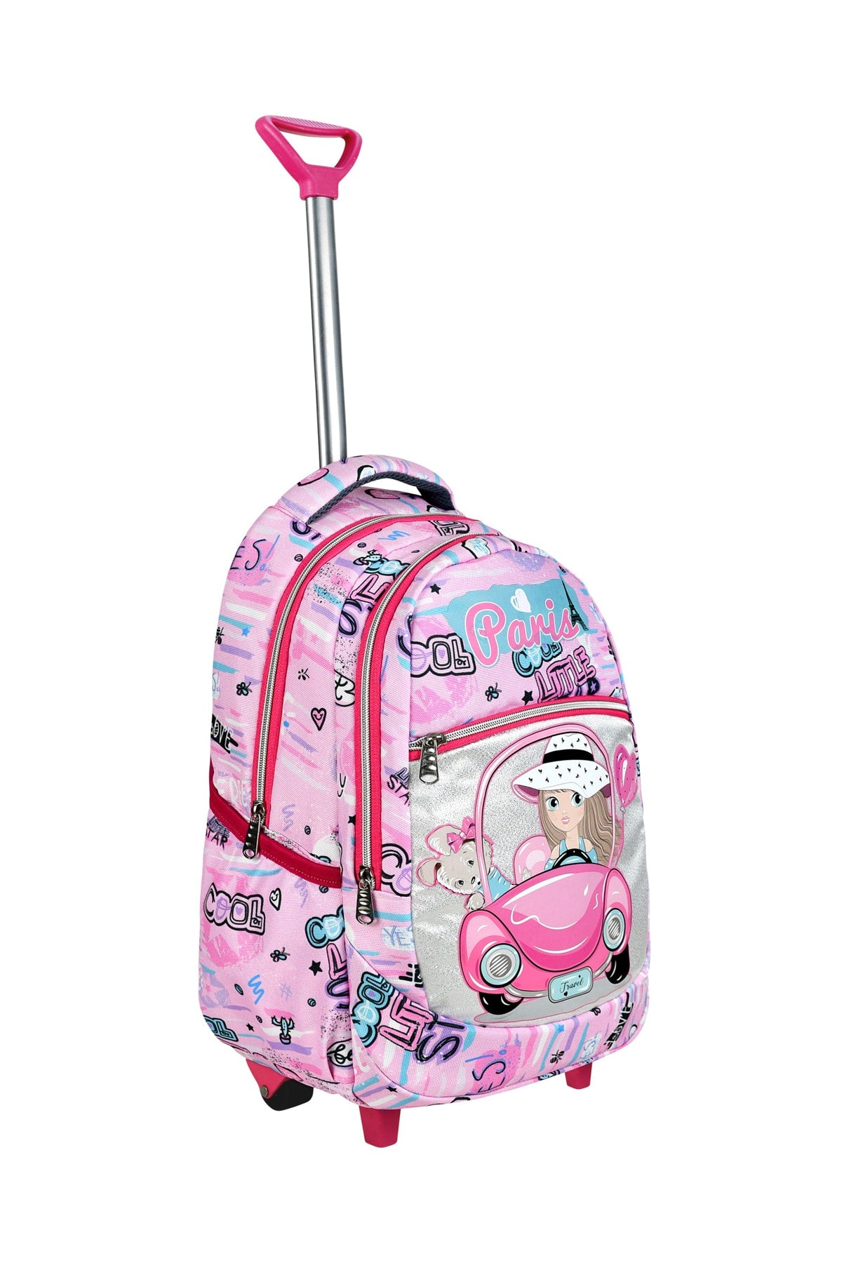 3 Pcs School Set with Squeegee, Pink Car Pattern Primary School Bag + Lunch Box + Pencil Holder