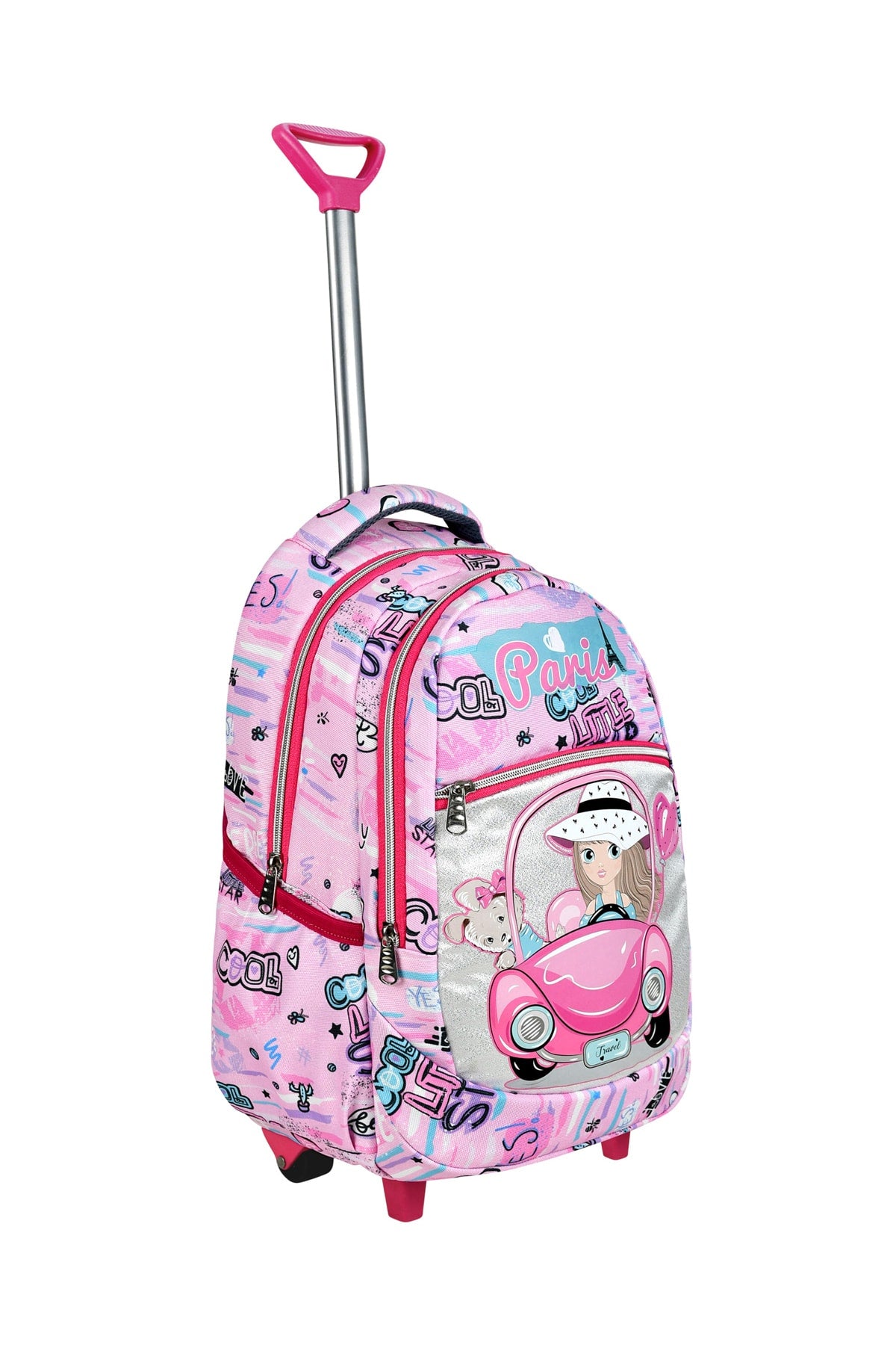 3 Pcs School Set With Squeegee, Pink Car Pattern Primary School Bag + Lunch Box + Pencil Holder