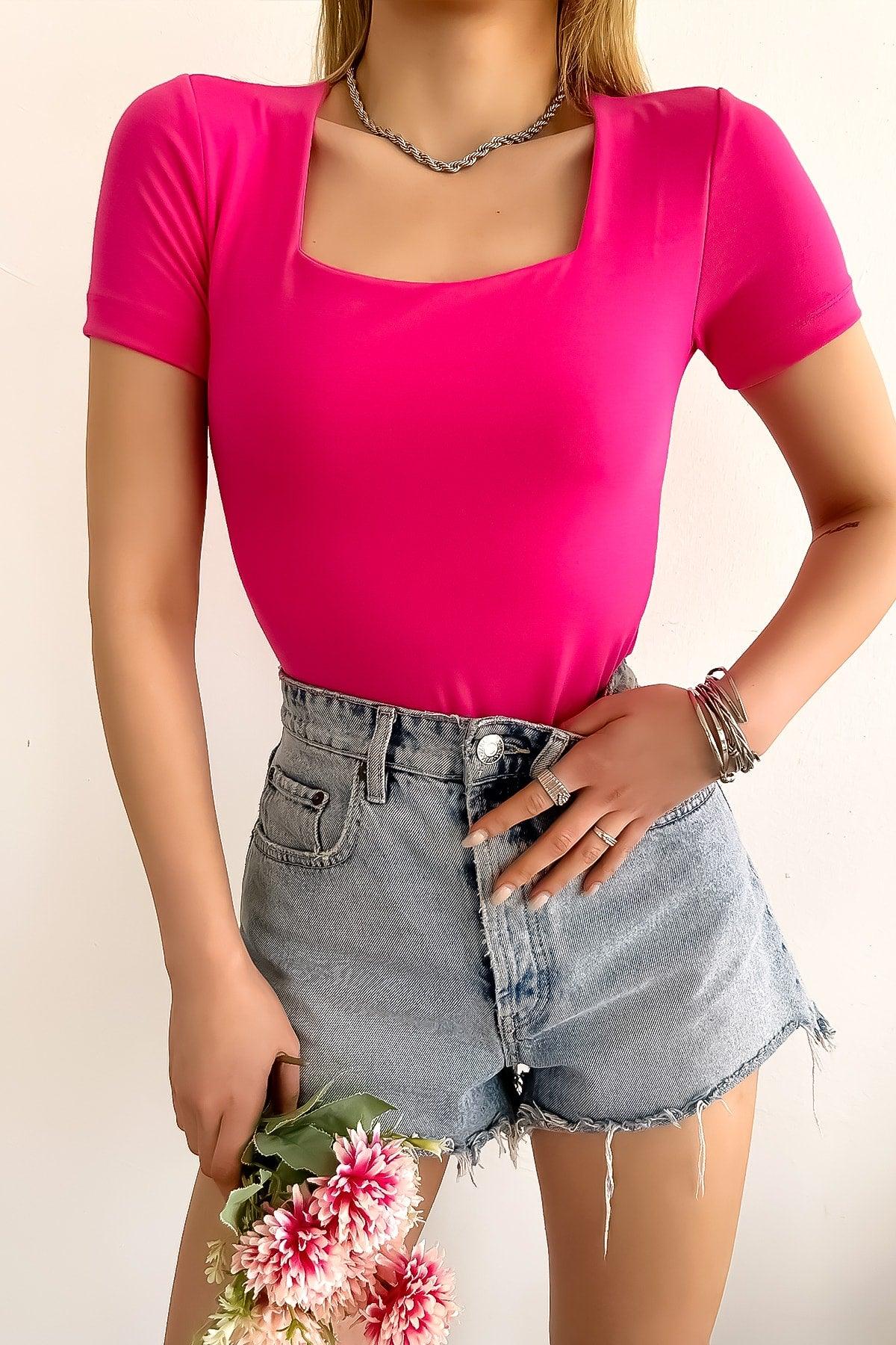 Women's Short Sleeve Square Collar Pink Solid Color Viscose Blouse - Swordslife