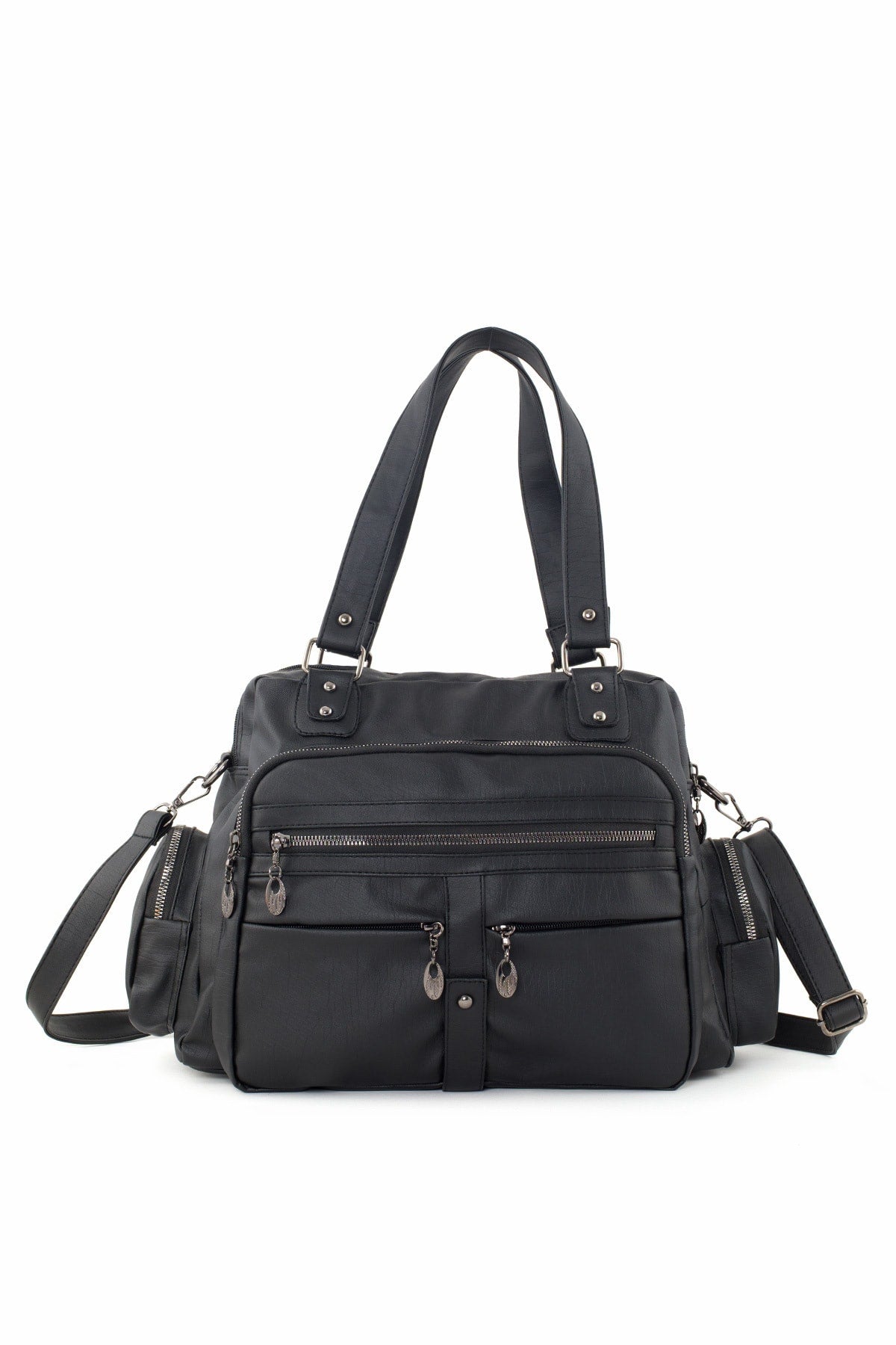Samilon Women'S Black Washed Leather Multi-Compartmental Shoulder And Hand Bag