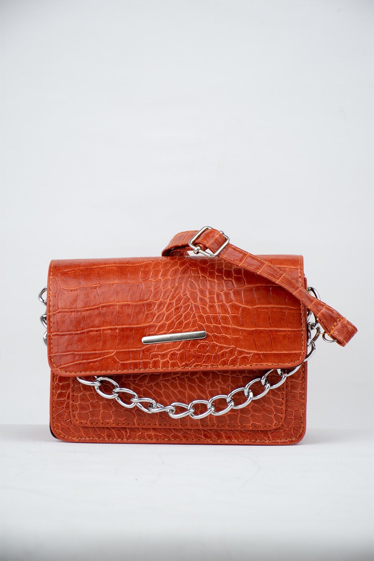 Orange Women Crocodile Patterned Clutch Baguette Chain Strap Bag