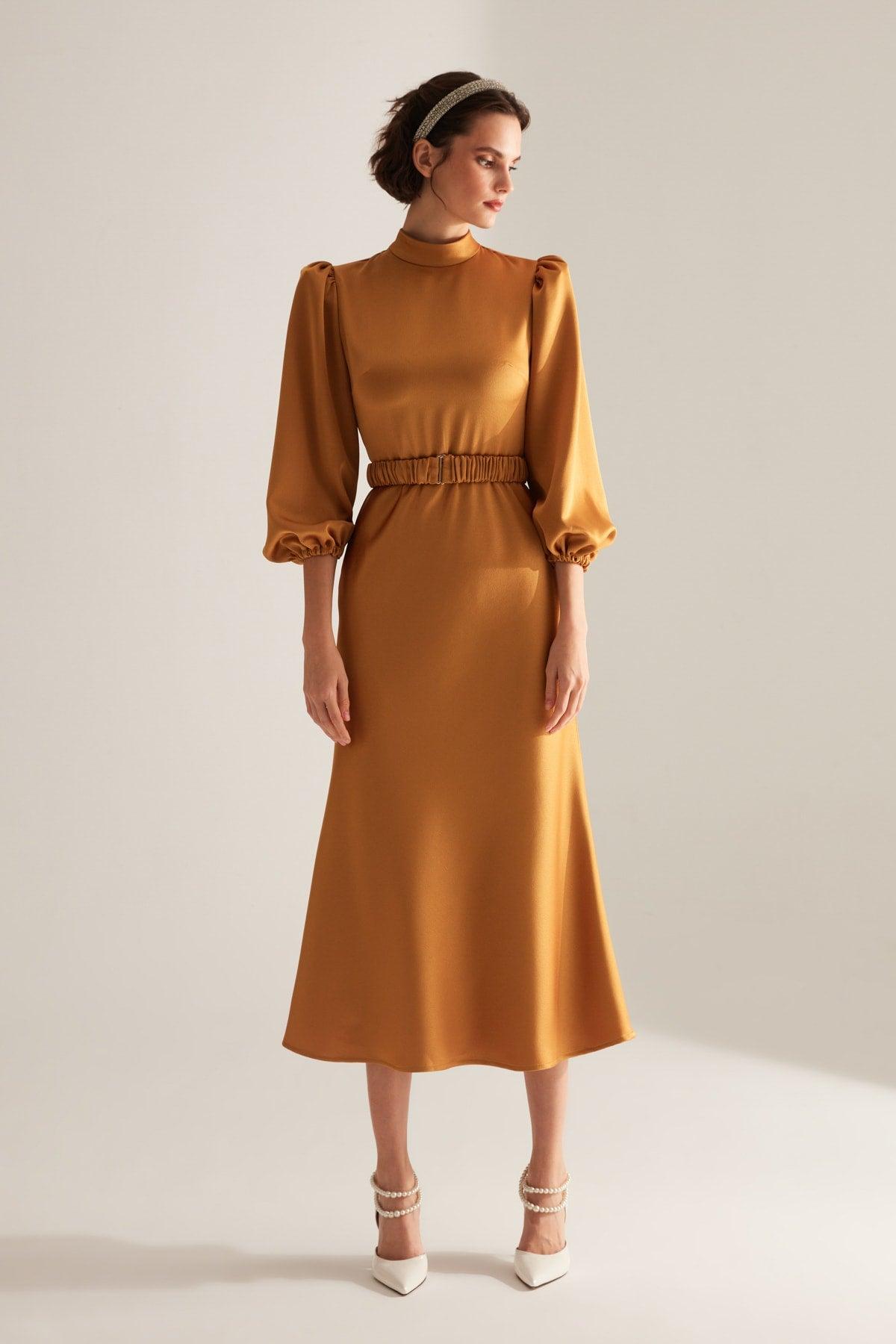 Berthe Judge Collar Long Mustard Engagement Dress - Swordslife