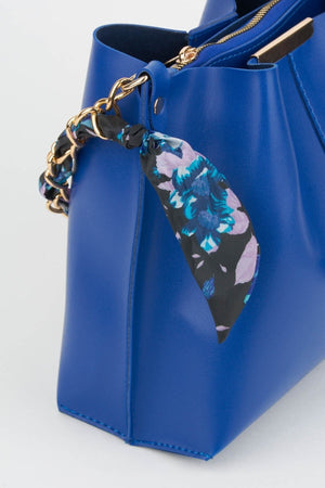 Women'S Sax Blue Scarf Chain Accessory Soft Leather 3-Compartment Hand, Arm And Shoulder Bag