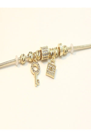 Women'S Gold Lock Key Zircon Detail Dorika Steel Bracelet