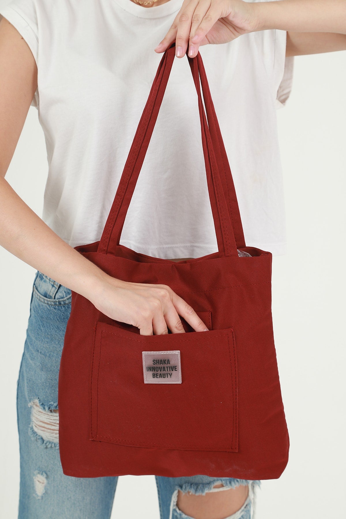 Claret Red U22 3-Compartment Front 2 Pocket Detailed Canvas Fabric Daily Women's Arm and Shoulder Bag B:35 E:35